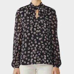 Tory Burch Emma 100% Silk Floral Print Tie-Neck Blouse, Black and Purple, Size 8
